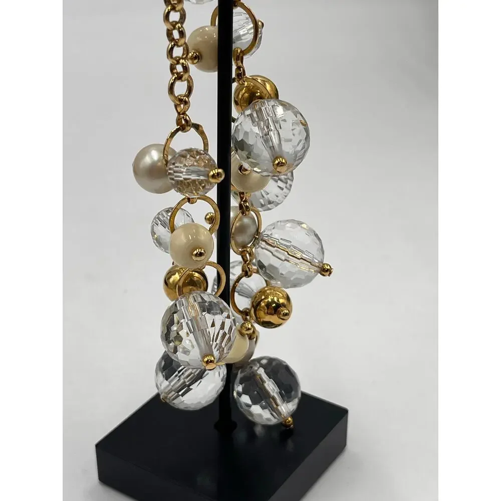 Kate Spade Signed‎ Gold Tone Pearl and Faceted Clear Beaded Cha Cha Bracelet - Picture 7 of 9